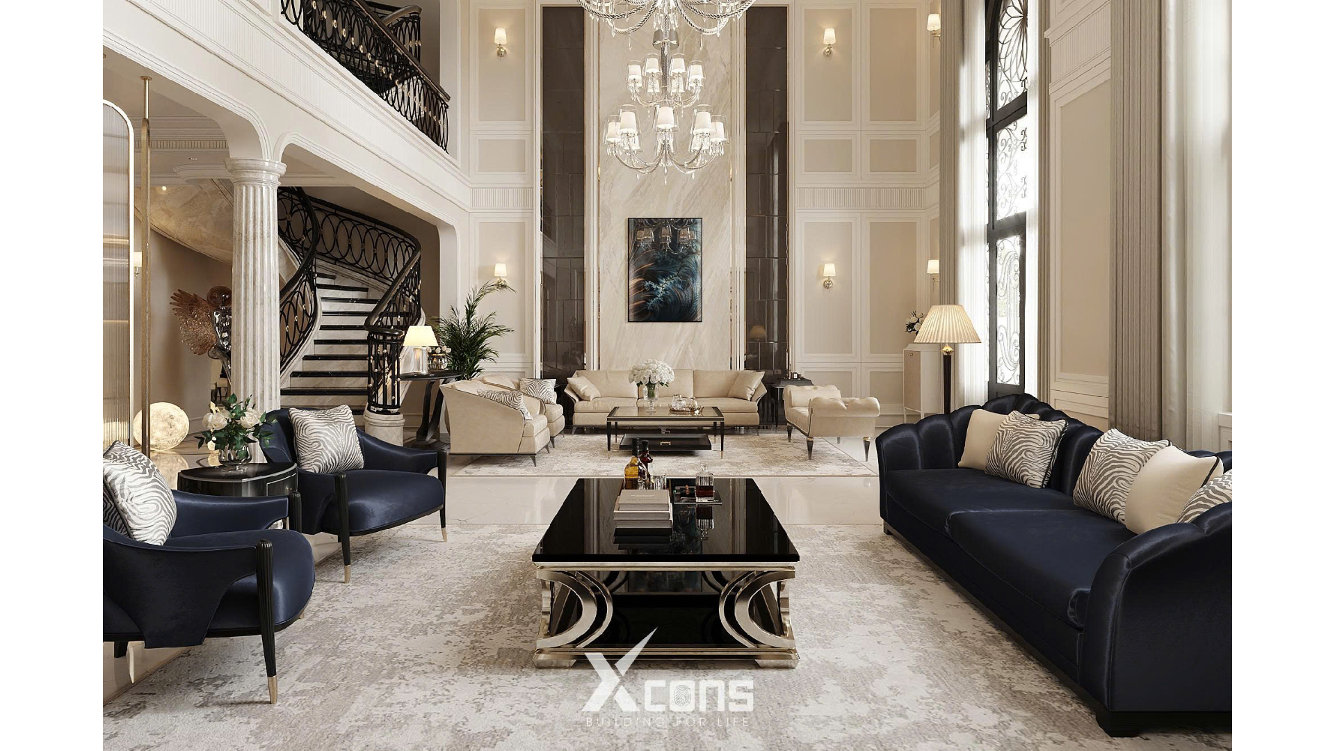 Phòng khách thiết kế sang trọng, hài hòa ánh sáng và chất liệu để tôn lên phong cách sống của gia chủ