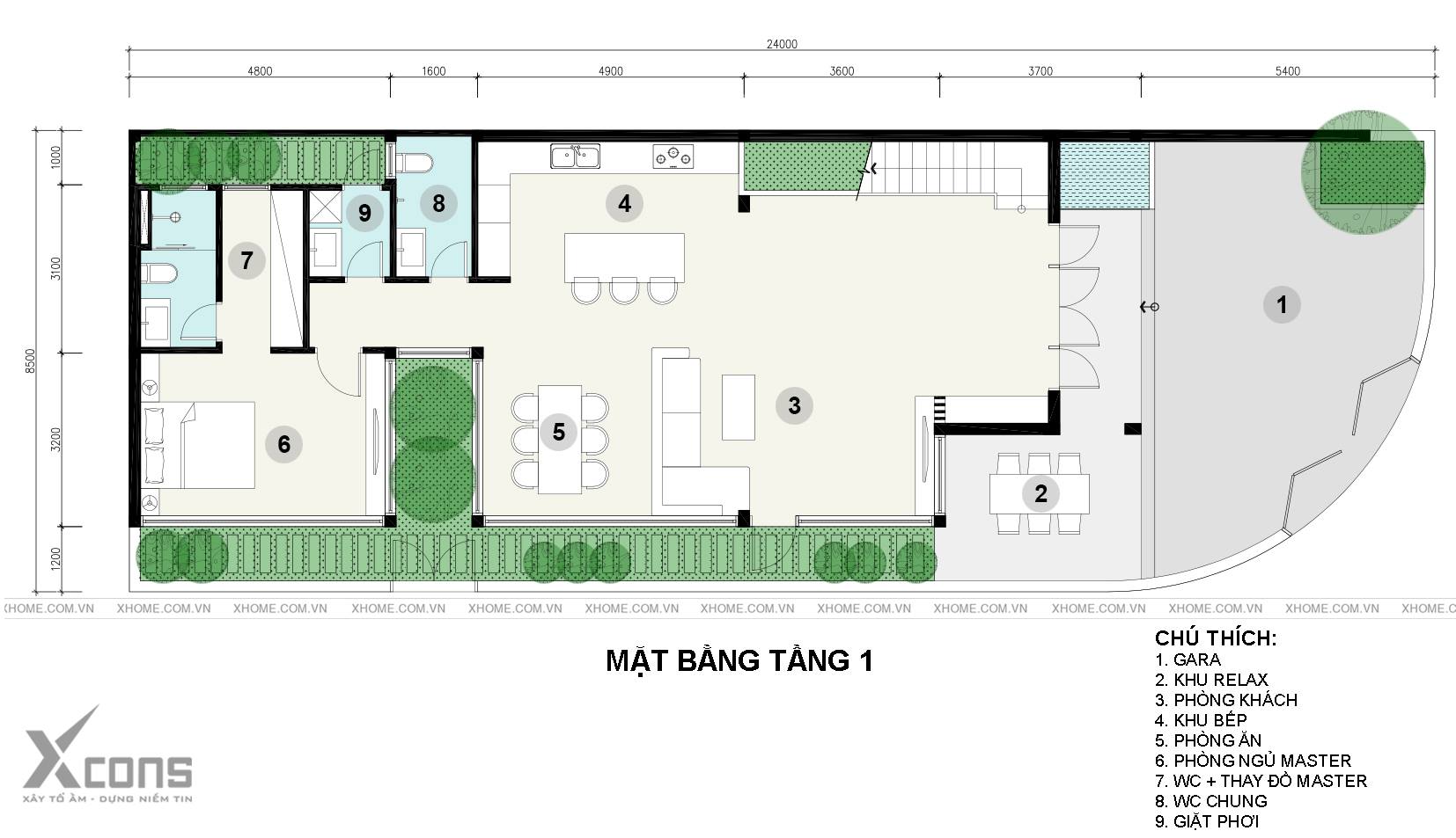 Bản vẽ mặt bằng tầng 1 biệt thự hiện đại.