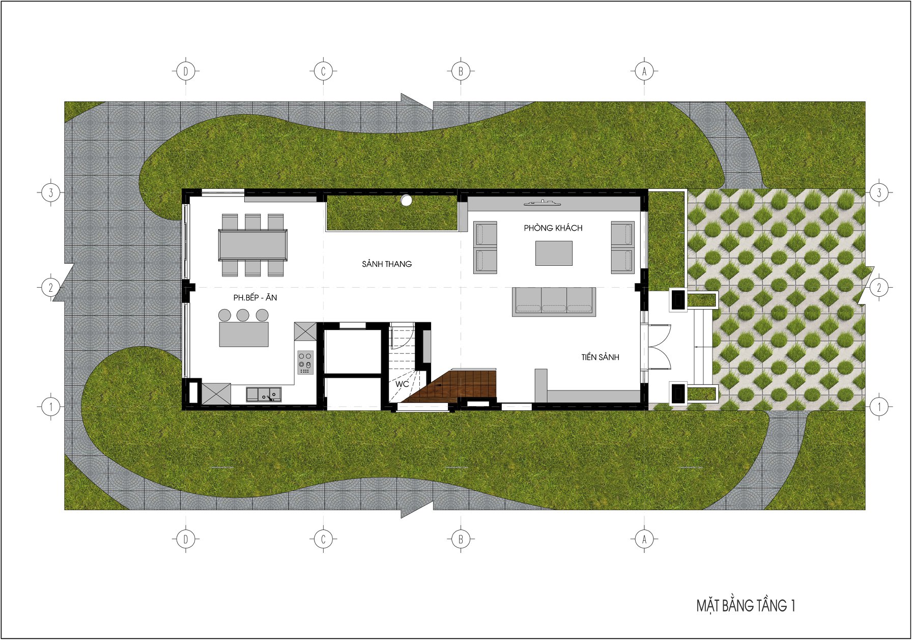 Bản vẽ mặt bằng tầng 1 biệt thự vườn.