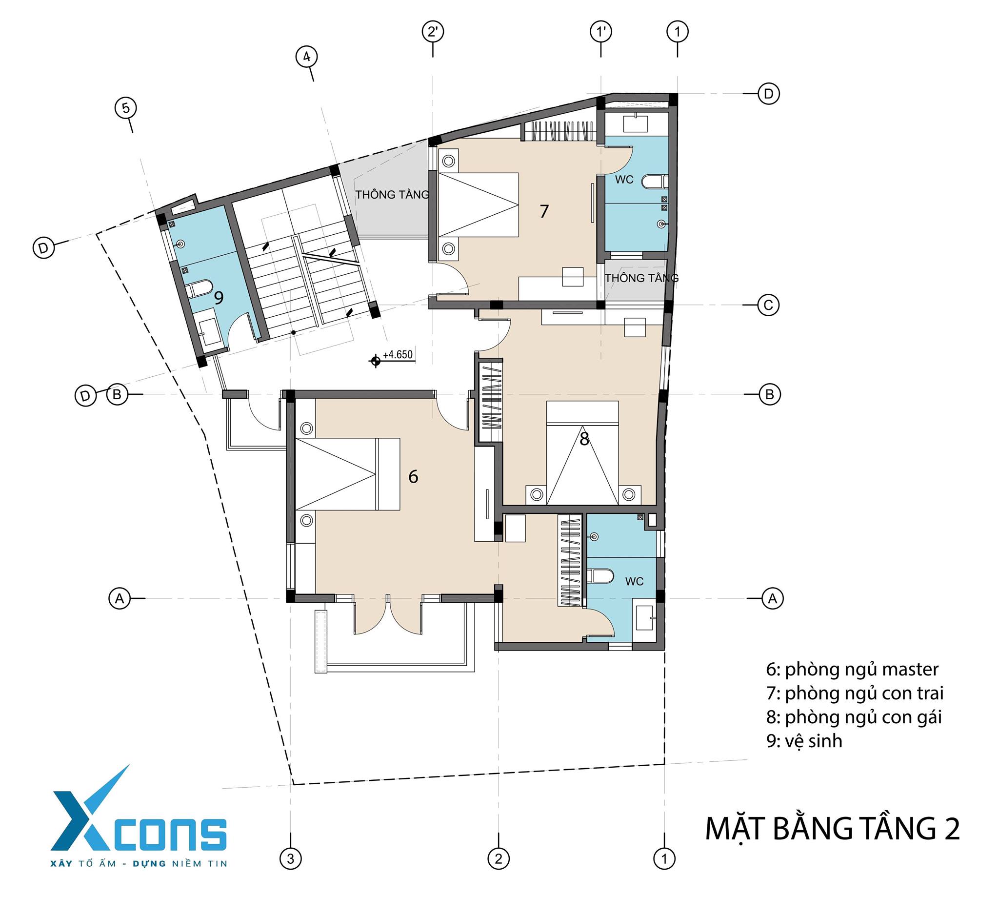 Mẫu bản vẽ mặt bằng tầng 2 nhà phố 3 tầng.