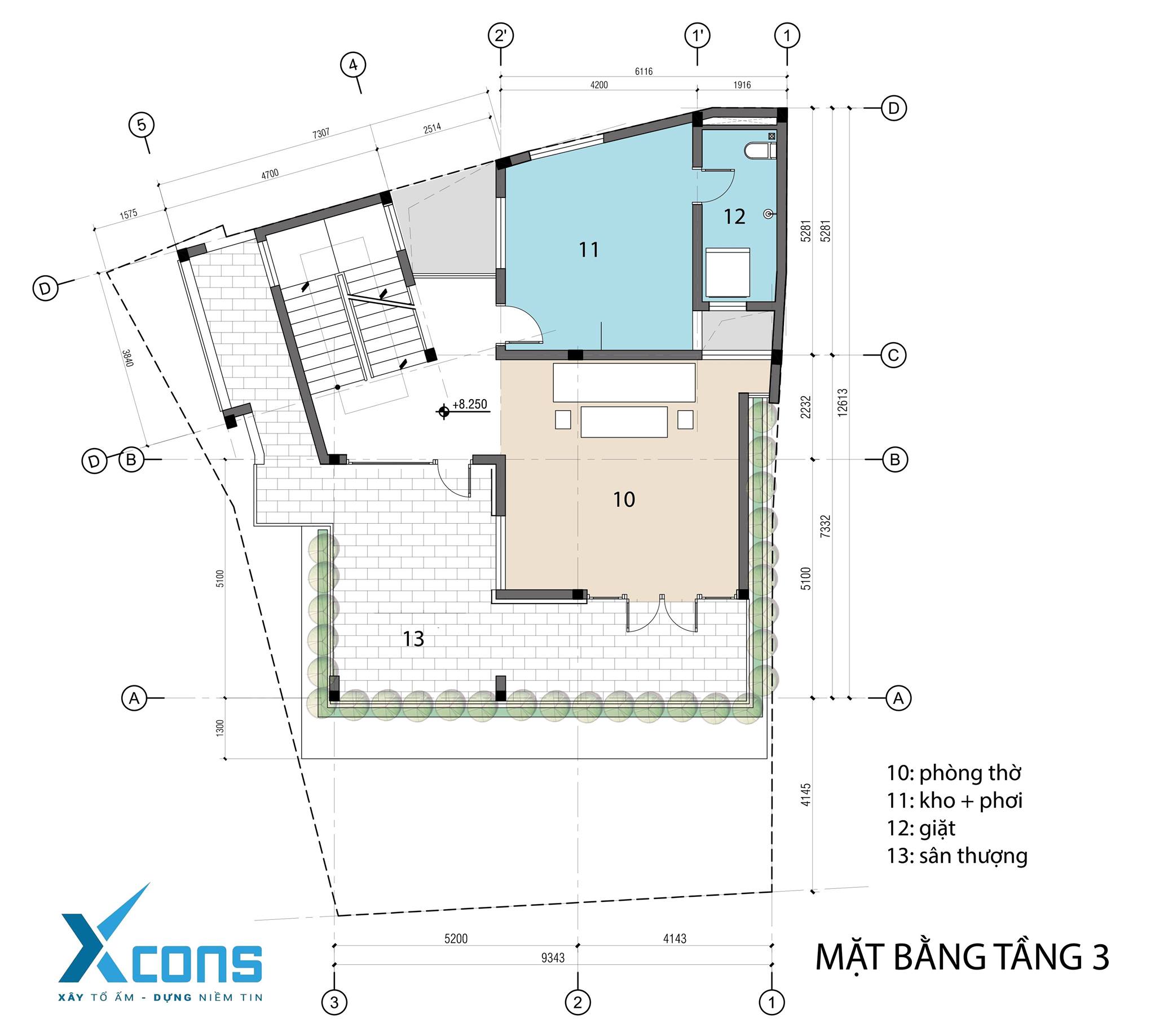 Mẫu bản vẽ mặt bằng tầng 3 nhà phố 3 tầng.